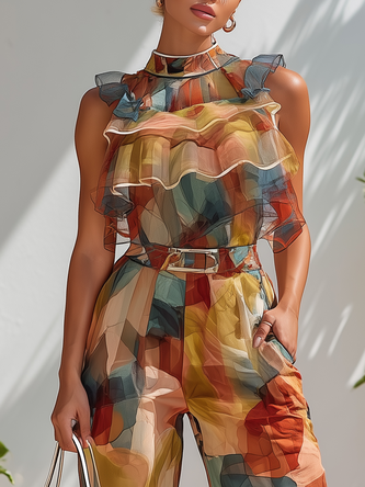 Urban Block Printing Peplum Mock Neck Blouse