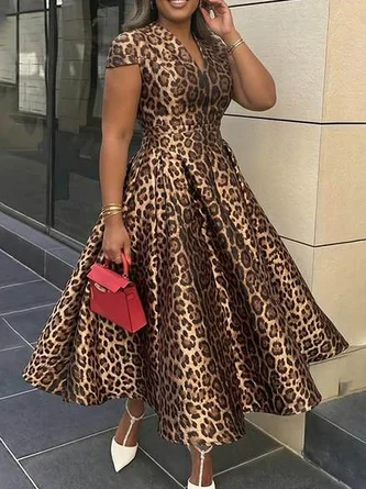 Elegant Leopard V Neck Maxi Dress