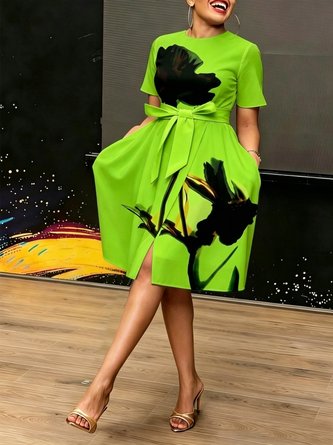 Elegant Floral Printing Crew Neck Knee Length Dress Belt