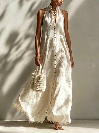 Cotton Linen Casual Plain Webbing Tie Neck Maxi Dress