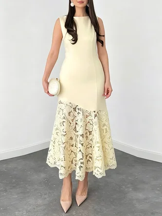 Elegant Plain Lace Boat Neck Midi Dress