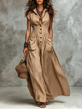 Cotton Linen Casual Plain Button Detail Shirt Collar Maxi Dress