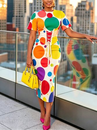 Plus Elegant Polka Dots Printing Crew Neck Midi Dress
