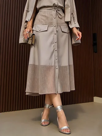 Urban Split Joint Buttoned Pockets Lace up Plain Midi Skirt