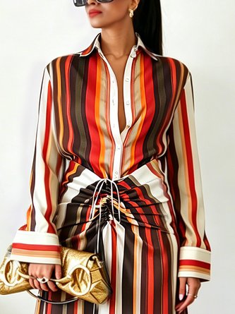Urban Striped Buttoned Shirt Collar Shirt