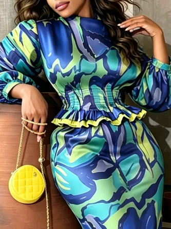 Elegant Random Print Printing Balloon Sleeve Blouse