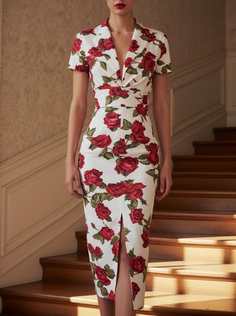 Party Floral Lapel Collar Midi Dress