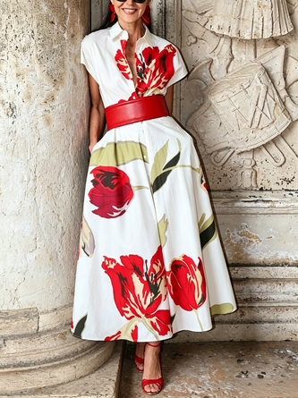 Elegant Floral Printing Maxi Dress No Belt