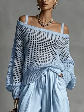 Casual Plain Hollow Out Cold Shoulder Knit Top