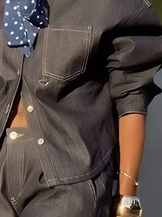 Casual Plain Shirt Collar Denim Shirt - Image 3