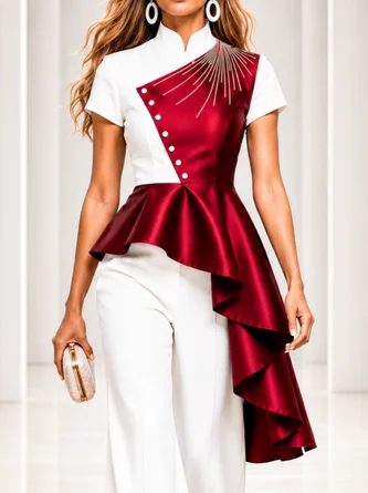 Elegant Block Split Joint Stand Collar Blouse