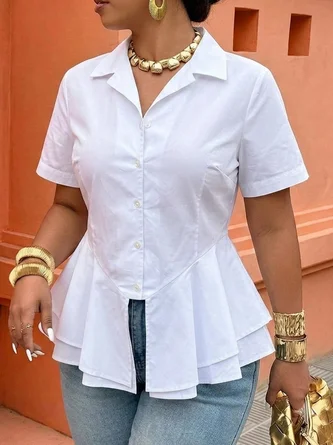 Cotton Casual Plain Peplum Lapel Collar Shirt