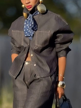Casual Plain Shirt Collar Denim Shirt