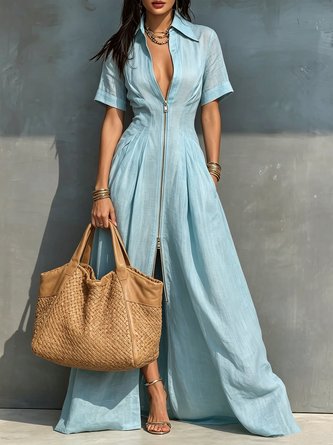Cotton Linen Casual Plain Zipper Shirt Collar Maxi Dress