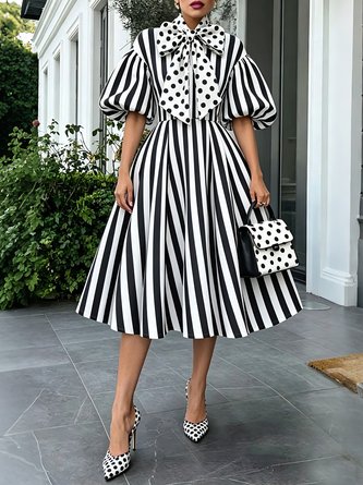 Urban Striped Polka Dots Puff Sleeve Printing Midi Dress