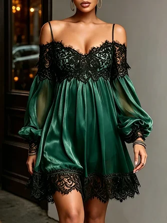 Elegant Block Split Joint Lace Edge Spaghetti Mini Dress