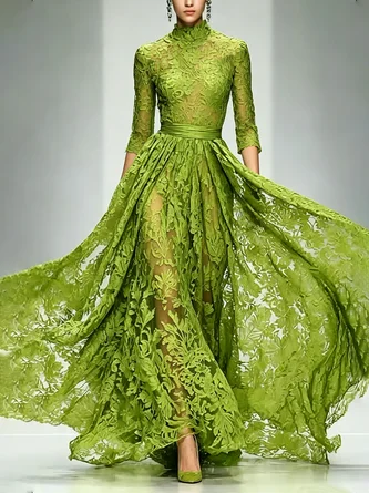 Lace Elegant Plain Mock Neck Maxi Party Dress