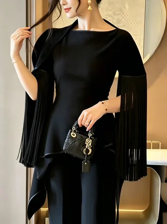 Elegant Plain Tassel Boat Neck Blouse