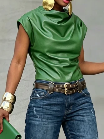 PU Urban Plain Stand Collar Faux Leather Top