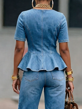 Urban Plain Button Detail Crew Neck Denim Top - Image 3