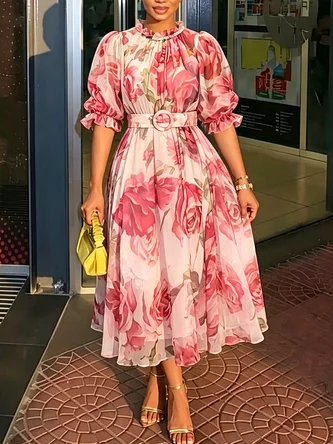 Elegant Floral Printing Lotus Leaf Collar Maxi Dress Belt