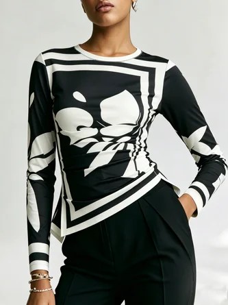 Urban Floral Printing Irregular Craftsmanship Ruched Block T shirt
