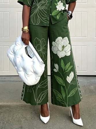 Cotton Casual Floral Printing Straight Pants