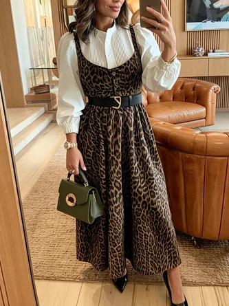 Urban Leopard Buttoned Spaghetti Midi Dress No Belt
