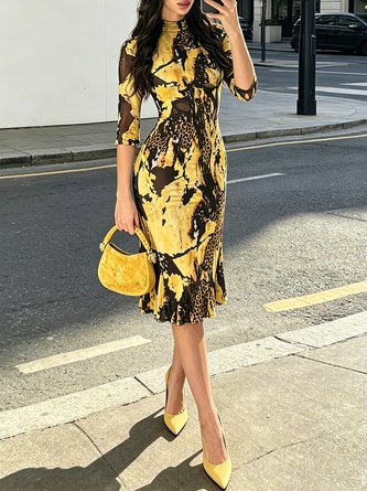 Urban Block Printing Leopard Mock Neck Midi Dress