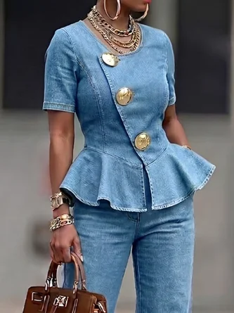 Urban Plain Button Detail Crew Neck Denim Top
