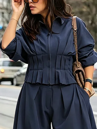 Casual Zipper Plain Shawl Collar Jacket