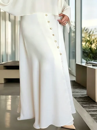 Elegant Faux Pearl Plain Buttoned Maxi Skirt