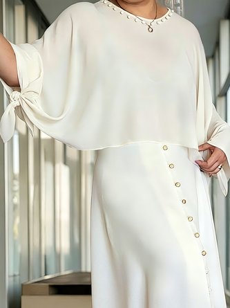 Elegant Plain Bow Faux Pearl Crew Neck Blouse