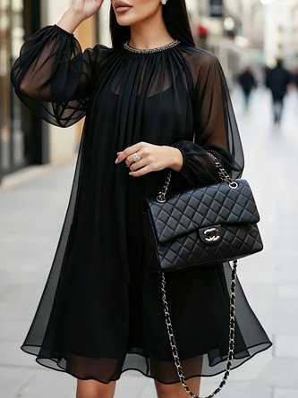 Urban Plain Balloon Sleeve Split Joint Midi Dress