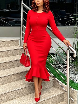 Elegant Plain Buttoned Crew Neck Maxi Dress