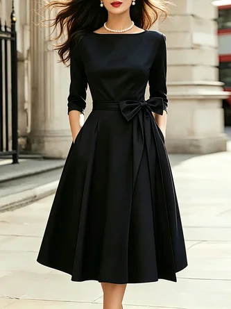 Urban Plain Bow Boat Neck Midi Dress