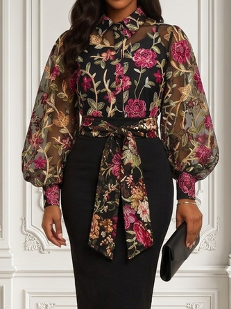 Elegant Floral Shirt Collar Shirt Belt