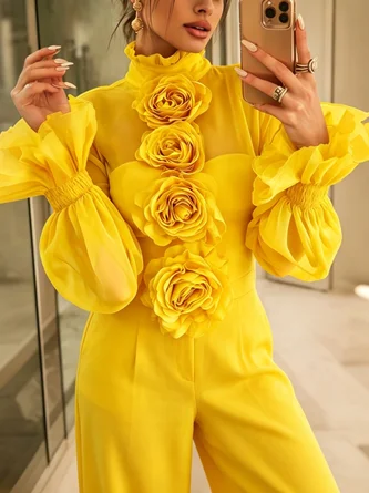 Elegant Plain 3D Floral Lotus Leaf Collar Ruffle Sleeve Blouse
