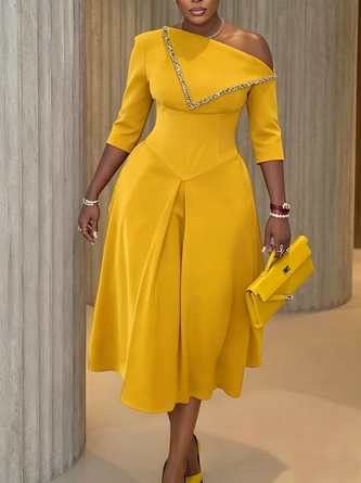 Elegant Plain Irregular Craftsmanship Asymmetrical Midi Dress