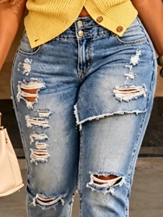 Casual Ripped Solid Slim Fit Capri Jeans - Image 3