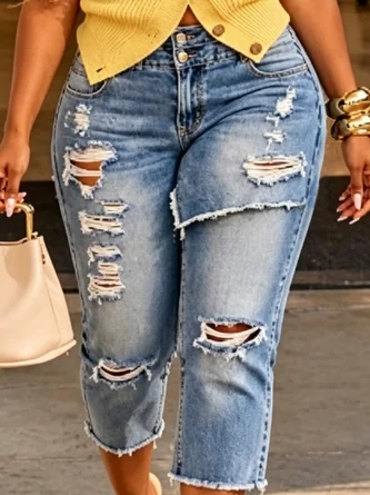 Casual Ripped Solid Slim Fit Capri Jeans - Image 2
