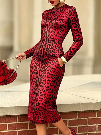 Elegant Leopard Printing Crew Neck Midi Dress