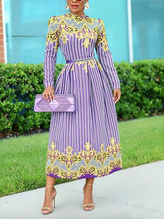 Elegant Striped Puff Sleeve Printing V Neck Midi Dress