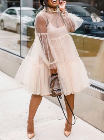Urban Plain Ruched Mock Neck Midi Dress