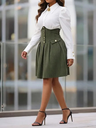 Elegant Block Puff Sleeve Shirt Collar Mini Dress