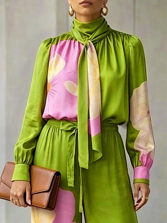 Urban Floral Bow Printing Mock Neck Blouse