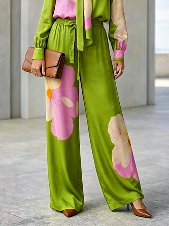 Urban Block Bow Printing Wide Leg Pants