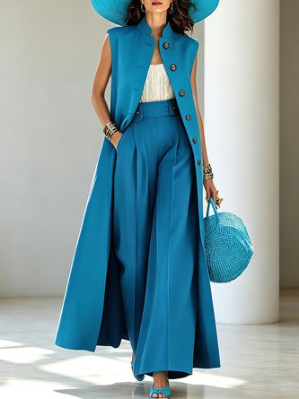 Urban Buttoned Plain Stand Collar Vest