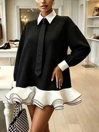 Urban Block Split Joint Shirt Collar Mini Dress Tie