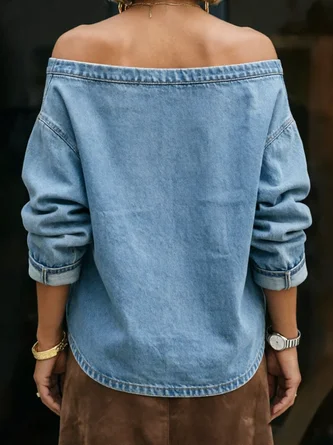 Casual Plain Denim Top Asymmetrical Loose Long Sleeve Pullover - Image 3